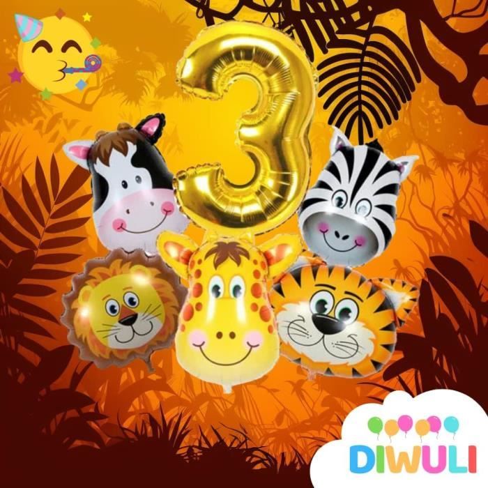 Kit Décoration Anniversaire Jungle Animale – 4 Ballons Géants + Happy Birthday – Animaux Forêt – Aluminium/latex – Fête Safari