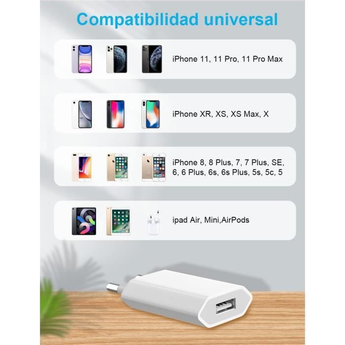 Chargeur pour IPhone 8, 6, 6S, 7, 7 Plus, 10, XR, XS, SE, IPod Touch 5G,  Max Adaptateur Telephone Connecteur avec 2M Câble USB Prise 5V1A (Blanc) :  : High-Tech
