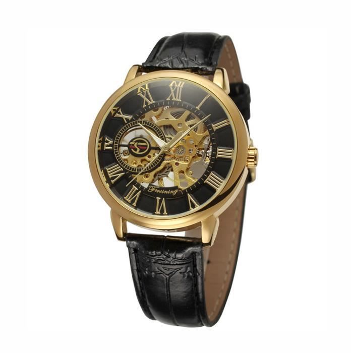 Montre Homme 3D Gravure Creuse Bo tier Chiffre Romain Squelette