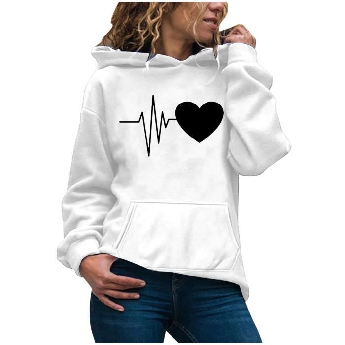 Sweat Femme Pull a capuche decontracte imprime Blanc Col capuche Femme Blanc Cdiscount Pret a Porter