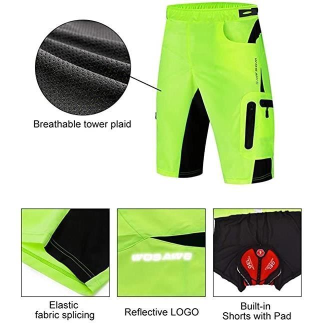 Cuissard de VTT pour Hommes Respirant 3D Gel Rembourre Sechage Rapide Vert