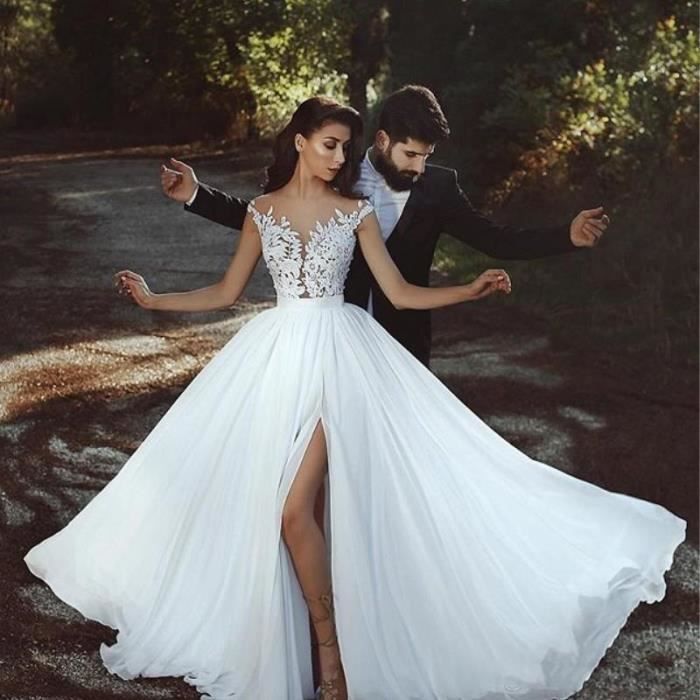 Robe de mariee Simple en dentelle col transparent sans manches fente laterale robe de mariee glamour en mousseline de soie Blanc Cdiscount Pret a Porter