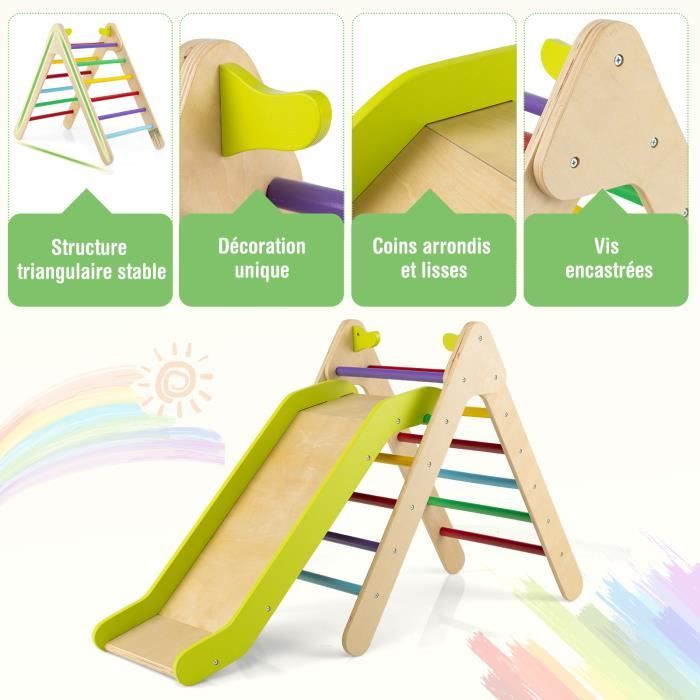 DREAMADE Triangle D'Escalade Avec Toboggan En Bois 3 En 1 - Jouet Montessori Grimpe Et Glisse Pour Enfants 1 An Et Plus (Multicolore)
