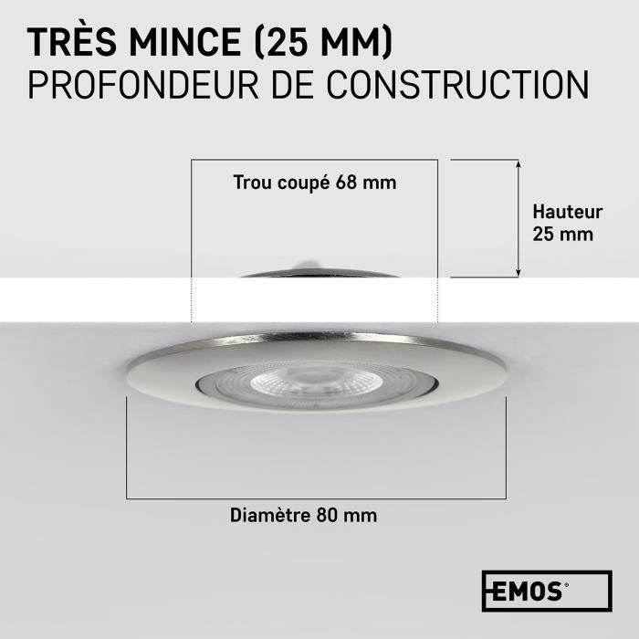 EMOS Spot LED encastrable 230V, 5W / 450lm | Spot LED Extra Plat 50° orientable, blanc chaud 3000K | Lot de 12 Spots de plafond pour l'intérieur, Plafonnier LED encastré, couleur argenté
