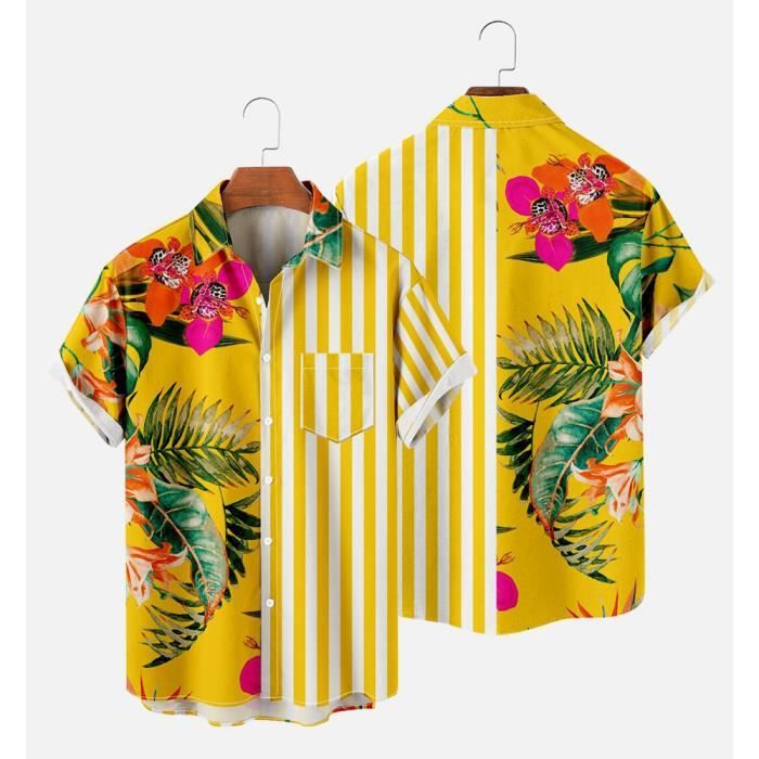 Chemise Hawaienne Homme Rayure Grande Taille AIEVIS Loose Manches Courtes Jaune