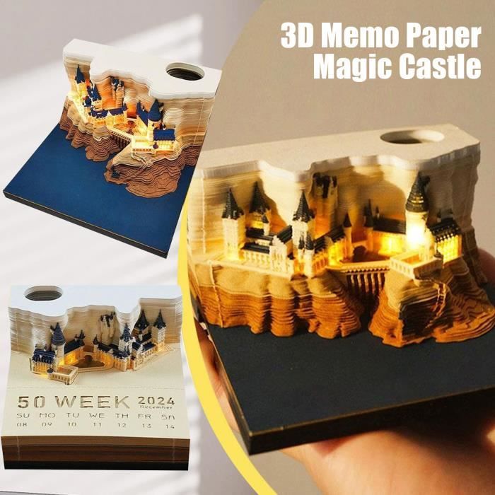 Bloc-Notes 3D avec lumière et Porte-Stylo Bloc-Notes Autocollantes 3D  château Autocollants Papier Cartes décoration intérieure