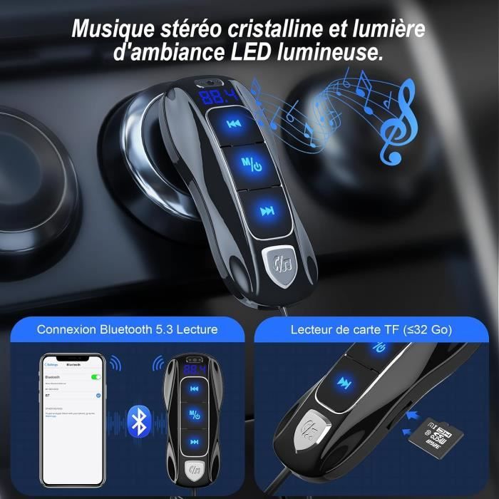 Adaptateur Bluetooth FM Pour Voiture - Transmetteur Radio 5.0 + 2 Ports USB - Mains Libres - Noir