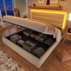 JAERLIUB Lit coffre 140x200 cm avec LED coffre de rangement tissu PU Sommier à lattes inclus lit double hydraulique, blanc