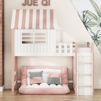Chambre lit d'enfant 90x200 cm, lit de maison, forme de toit avec échelle de sécurité et compartiment de rangement, rose