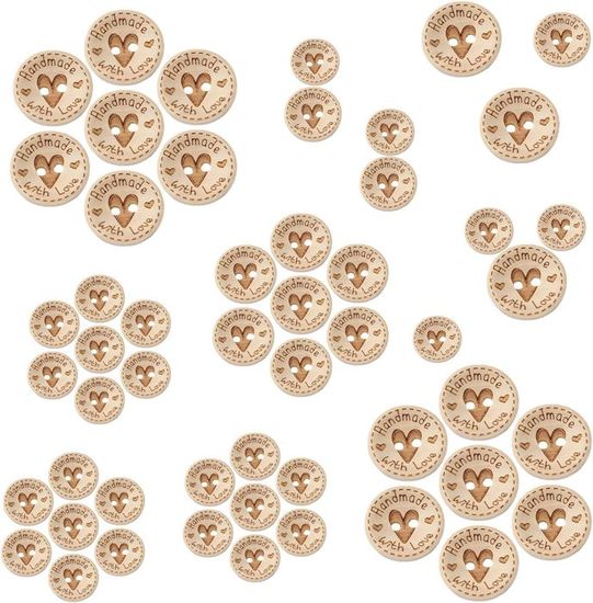 100 Boutons En Bois Naturel Lahnao - 15mm Et 20mm - Motif "Handmade With Love" - Pour Couture DIY