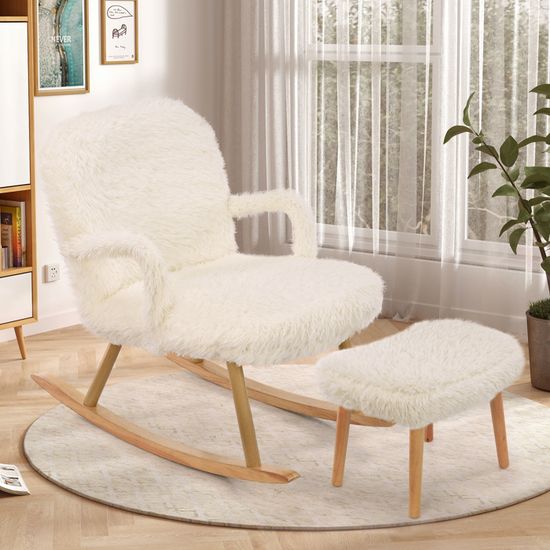 Fauteuil à Bascule Avec Repose-pieds - Rembourrage Velours Beige - Poches Latérales - Ergonomique Et Confortable - Pour Salon/chambre - 9