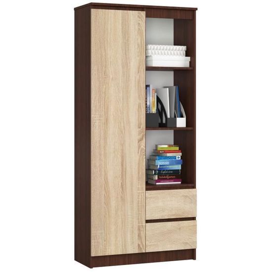 Bibliothèque De Bureau Akord R11 Chêne Sonoma 80 Cm 1 Porte 2 Tiroirs Façade Blanche Mat 7 étagères 80x35x180 Cm R11 1D 2SZ