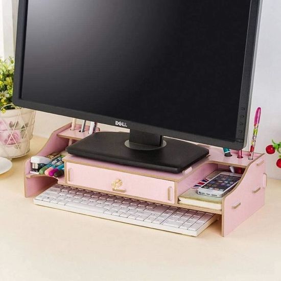 Support Écran D'Angle En Bois – Rehausseur Ergonomique Triangulaire Pour Bureau, Ordinateur Portable, PC Ou TV – Gain De Place Optimal (Blanc)