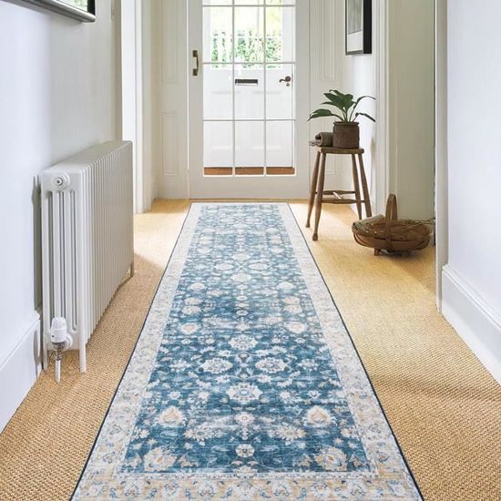 TAPISO Antidérapant Tapis Couloir Long sur Mesure Tapis de Passage Poils Ras Tapis Entrée Cuisine Évier Chambre Escaliers Moderne Bleu Foncé Géométrique Bordé 80 x 800 cm