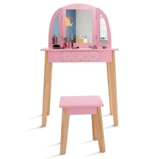 Coiffeuse Enfant Rose avec Miroir à Trois Panneaux un Tiroir et un
