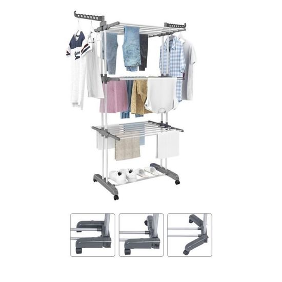 étendoir Pliable Gris Séchoir à Linge Pliable 2 Niveaux - 77x61cm - Pour Lainages Et Vêtements Délicats - Gris Crochet Suspension Pratique