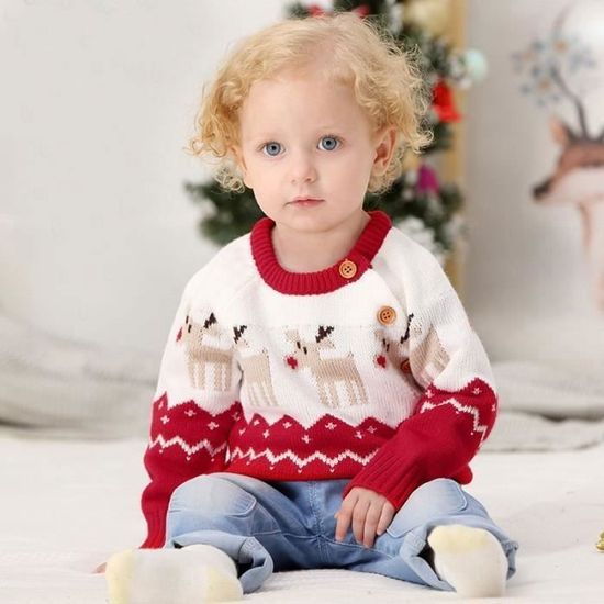 Pull de Noel bebe mixte INSFITY motif renne doux manches longues Rouge