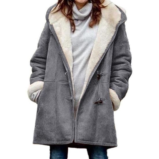 Manteau Femme Manteau Femme a Capuche Chaud Doublure Faux Suede avec Poches Manteau Femme Automne Hiver Outerwear Gris Gris