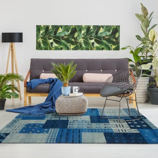 Grand Tapis Noué Main Bleu Pastel 250x350 Cm - Style Royal Peking - Laine 100%
