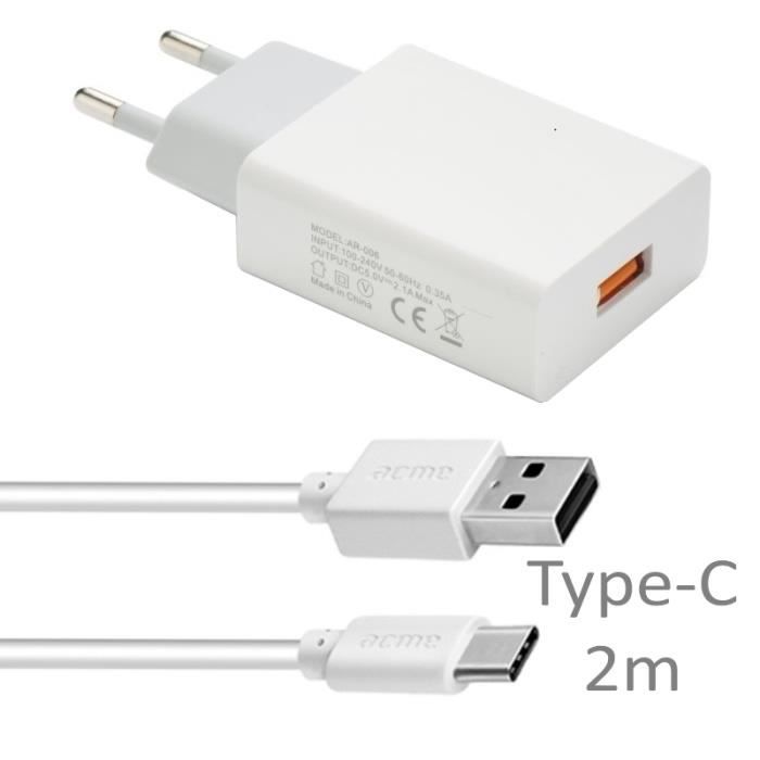 Pour Samsung Galaxy A51 : Chargeur USB 2A + Câble Type-C 2 mètres