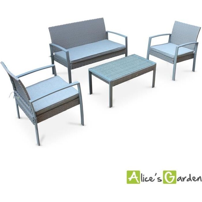 Ensemble de jardin en résine tressée Vicenzo, salon 4 places gris, coussins gris chiné, fauteuil canapé table basse