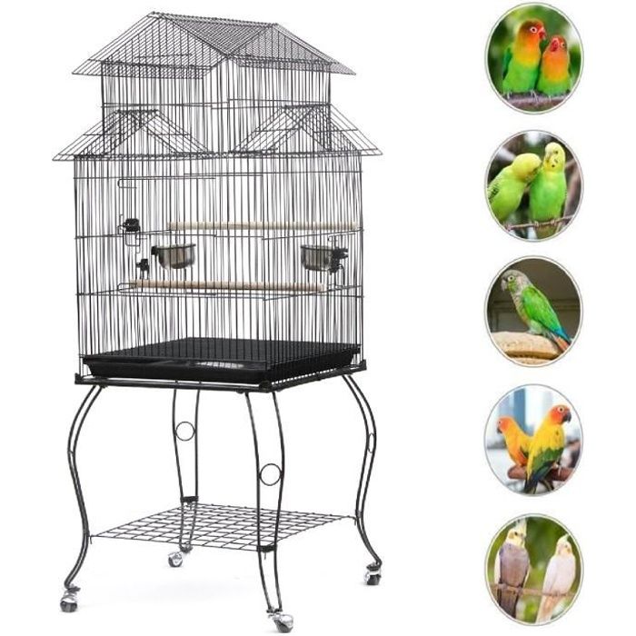 YIS Cage Oiseaux en Métal, Volière à Roulettes pour Canaris Perruches Calopsittes - Exterieur OU Intérieur - 59 x59 x139.5 cm