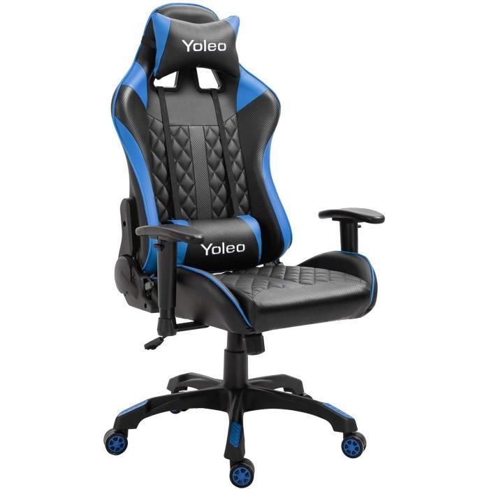 Chaise de Bureau confortable hauteur réglable avec coussins et roulettes - bleu