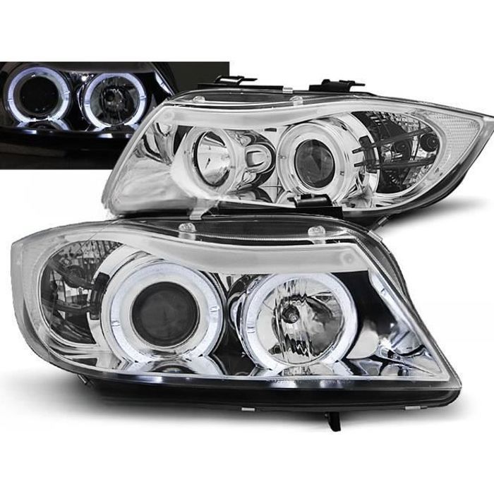 Paire de feux phares BMW serie 3 E90 / E91 05-08 angel eyes chrome