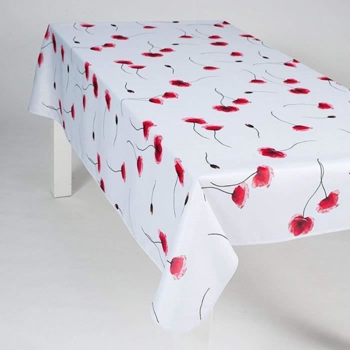Nappe Antitache Rectangulaire - Infroissable et 100% Polyester - 130x150 cm - 4 couverts - Coquelicot - Blanc - Intérieur ou