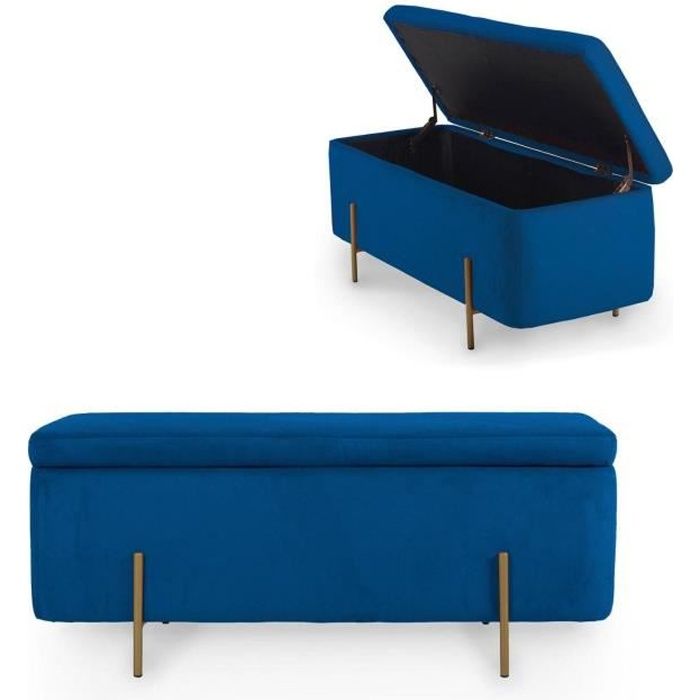 HAYDEN II - Banquette coffre de rangement en velours bleu et pieds dorés