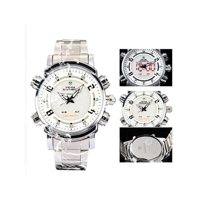 WEIDE WH-1101 imperméable à l\'eau LED Digital Analog Dual Time Display hommes en acier inoxydable bande (blanc)