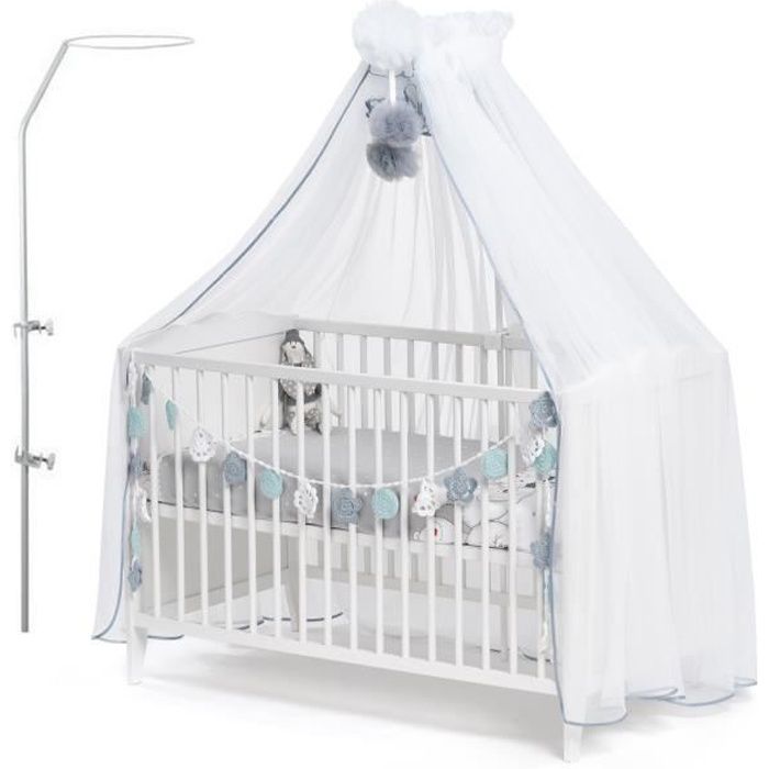 Callyna ® - Ciel de lit bébé XXL avec support, voile Blanc grande taille. Pompon Gris