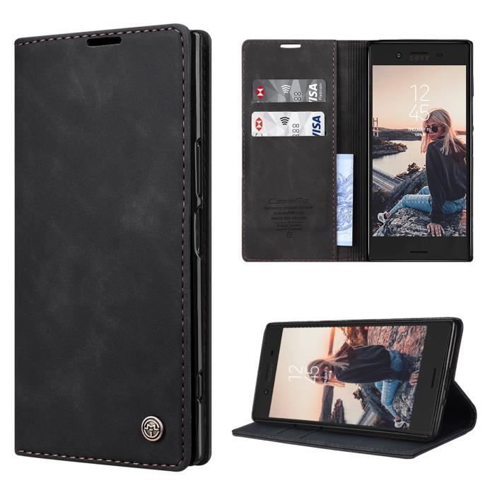 Coque Sony Xperia XZ Premium housse en cuir portefeuille [magnétique] etui portefeuille à rabat housse protection noir