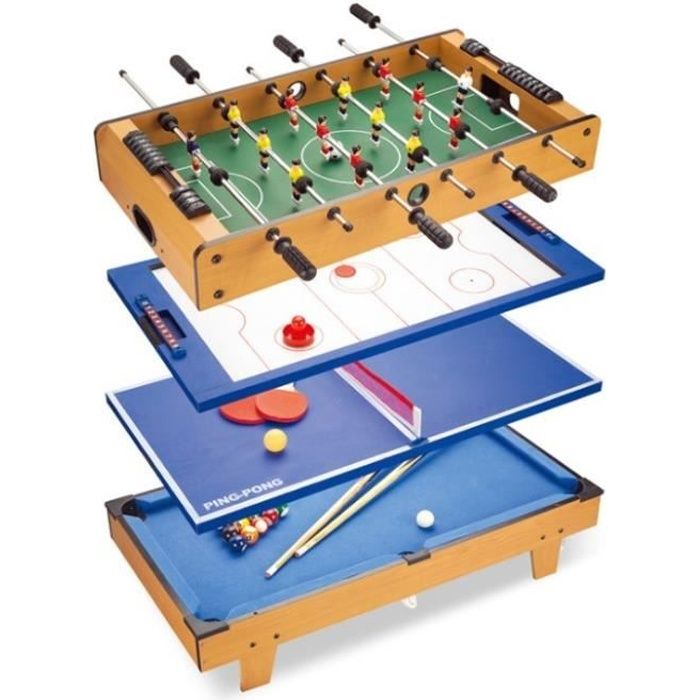 JEOBEST® Table de jeu 4 en 1 Baby-foot, Billard, Tennis de table, Hockey 81x42,5x31,5 cm