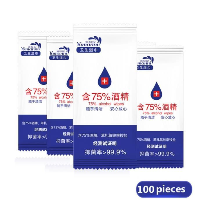100 pcs Lingettes désinfectées à l'éthanol avec 75% d'alcool et de chlore Lingettes jetables Jetables emballées individuellement