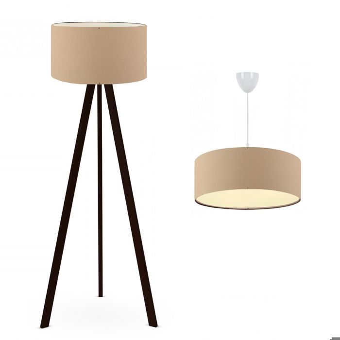 Ensemble lampadaire trépied + suspension Tympanum Bois Noir et Beige