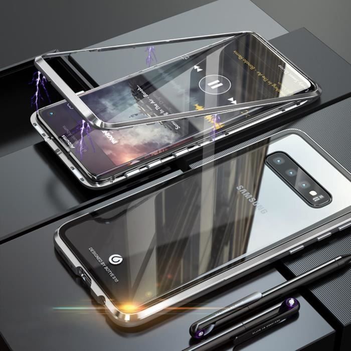 Samsung Galaxy S10 Coque,Luxury Absorption magnétique Pare-Chocs métal Antichoc étui arrière Temperouge Glass- argent