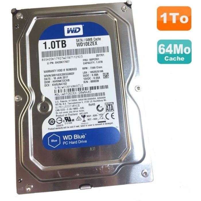 Disque Dur 1To WD Blue SATA III 3.5- WD10EZEX-08WN4A0 SH20K17927 00PC551 64Mo