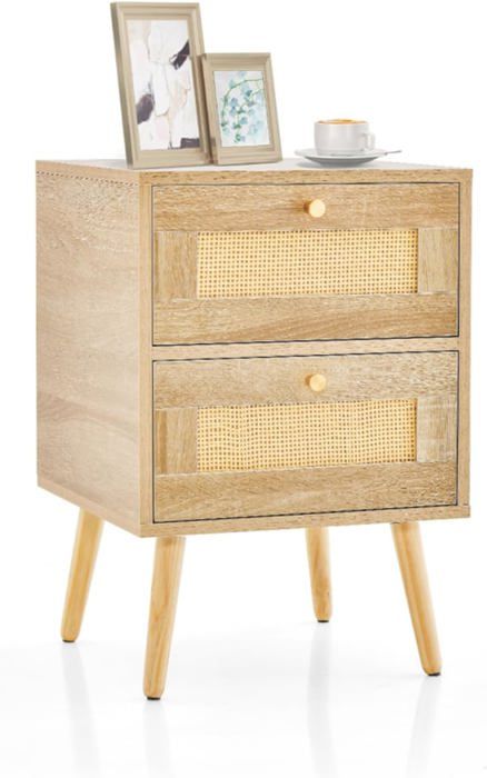 Table De Chevet En Bois Et Rotin Tressé - 1 Tiroir - Brun Clair - Yaheetech