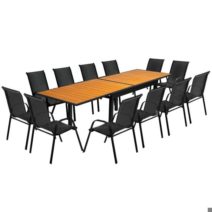 Salon de Jardin Bois Noir - Table Extensible 35/270cm - 12 chaises - Mobilier Extérieur Jardin Terasse