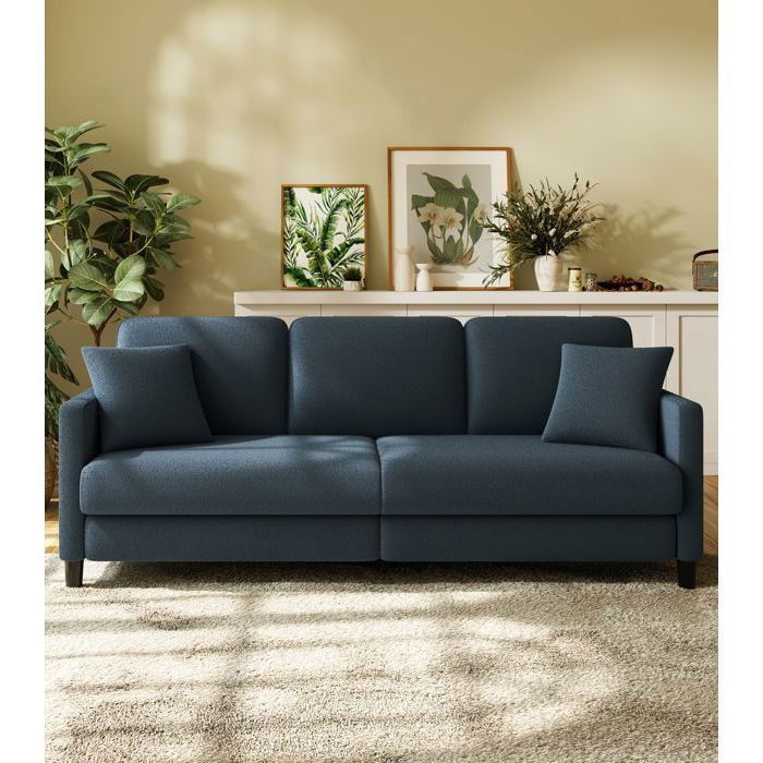 Grand Canapé 3 Places en Velours Teddy Bleu Gris pour salonCanapé Moderne Scandinave avec trois coussinspieds en bois210×78×85CM