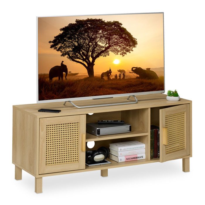 Relaxdays Meuble TV Lowboard style rotin Console basse jusquà 50 pouces effet bois HxLxP: 48x115x40 cm naturel