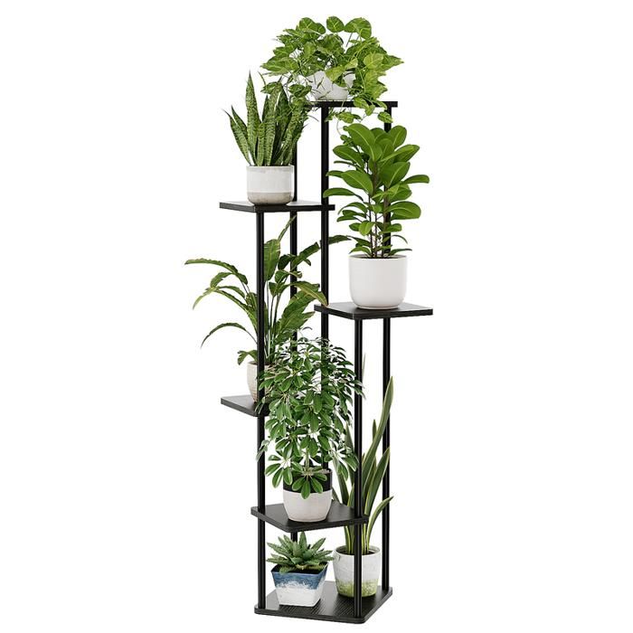 Porte-plante - BAMWORLD - Étagère 6 niveaux - Métal et bois - 59 9x30x130 cm - Noir