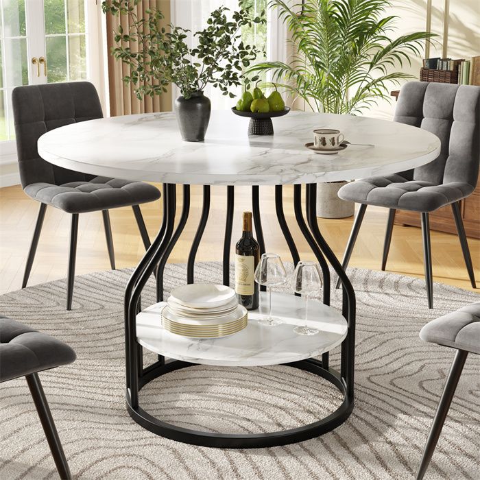 Table Ronde Salle Manger 80×80×76 cm Table à Manger Ronde Plateau Marbre MDF Table Cuisine avec Plateau Central de Rangement