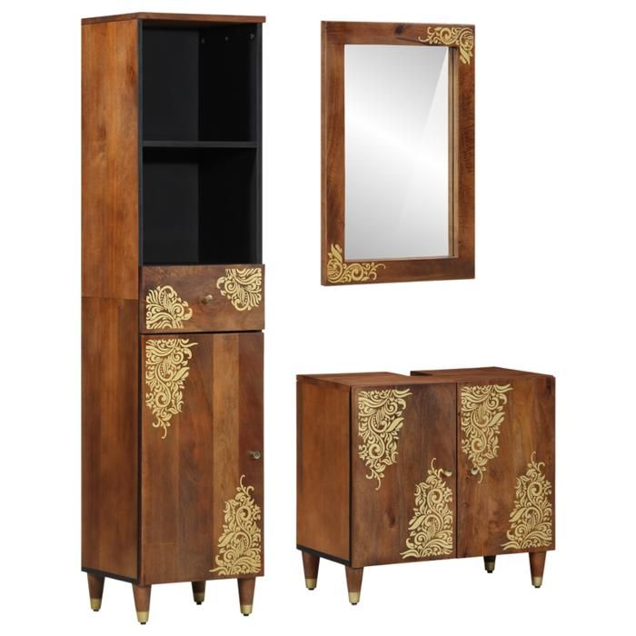 Ensemble de Meubles de Salle de Bain - 3 Pièces - Bois de Manguier Massif - Finition Marron - Élégance Chic