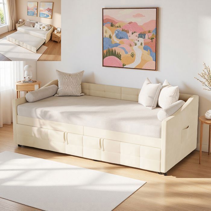 Lit Gigogne 2 Places 90x200cm Tête Lit Accoudoirs Cadre Acier Robuste Sommier à lattes Velours Beige