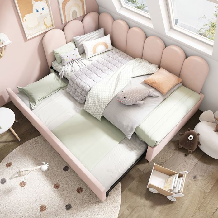 Lit gigogne - SOGEU - Velours rose - 90x200 cm - Lit escamotable 90x190 cm - 2 places