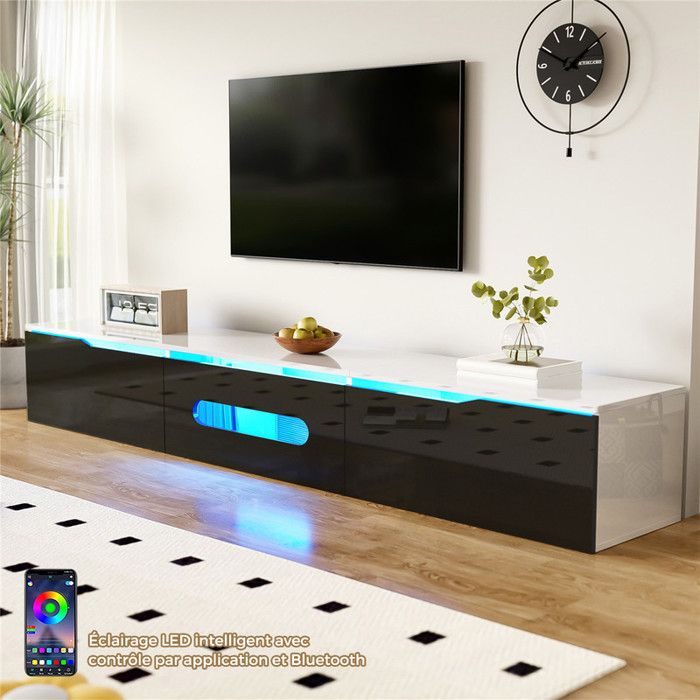 Meuble TV Suspendu Moderne 180 cm avec LED Contrôle par App Rangement Meuble TV Salon Mural avec 3 Portes Noir Blanc Brillant