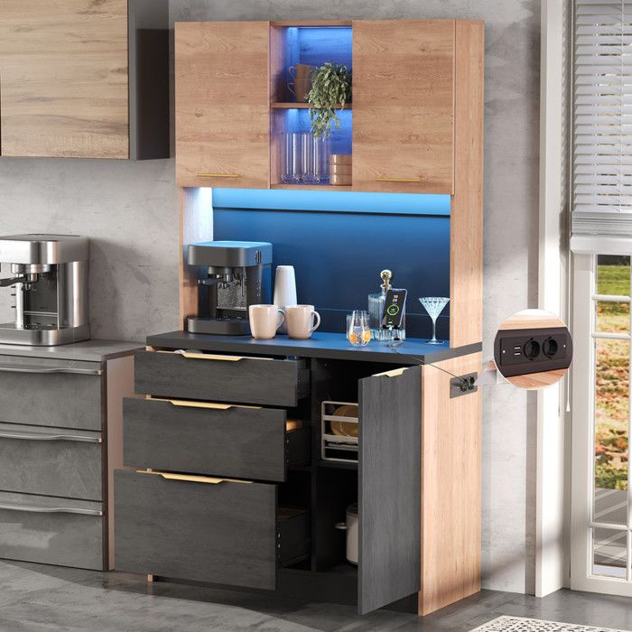 Buffet Cuisine avec Éclairage LED Réglable et Prises Électriques Armoire Haute de Cuisine Moderne Vaisselier Cuisine 100x40x180cm