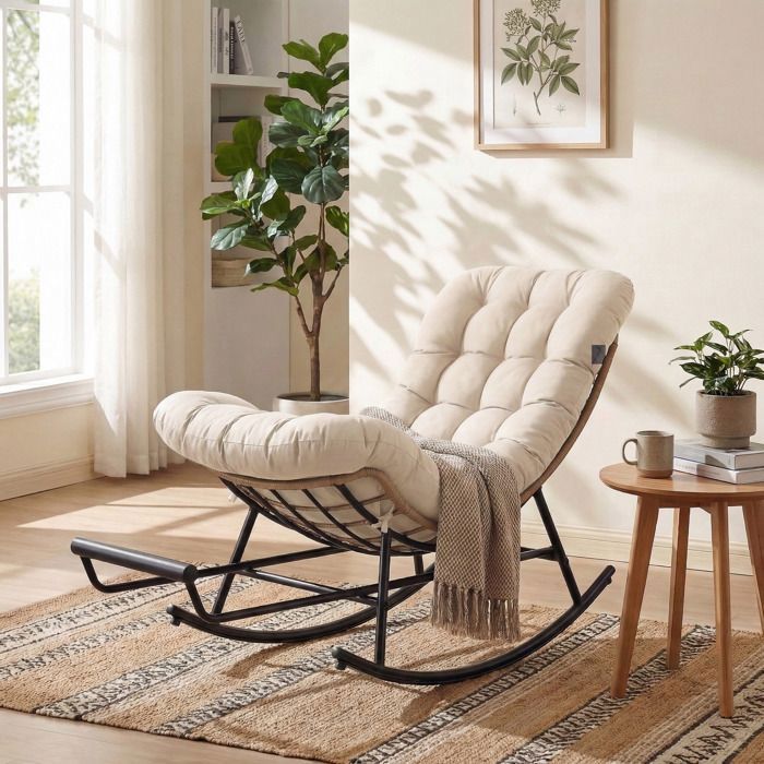 Fauteuil avec Repose-Pieds Extensible Coussin Amovible Structure en Acier Supporte 136 kg Beige